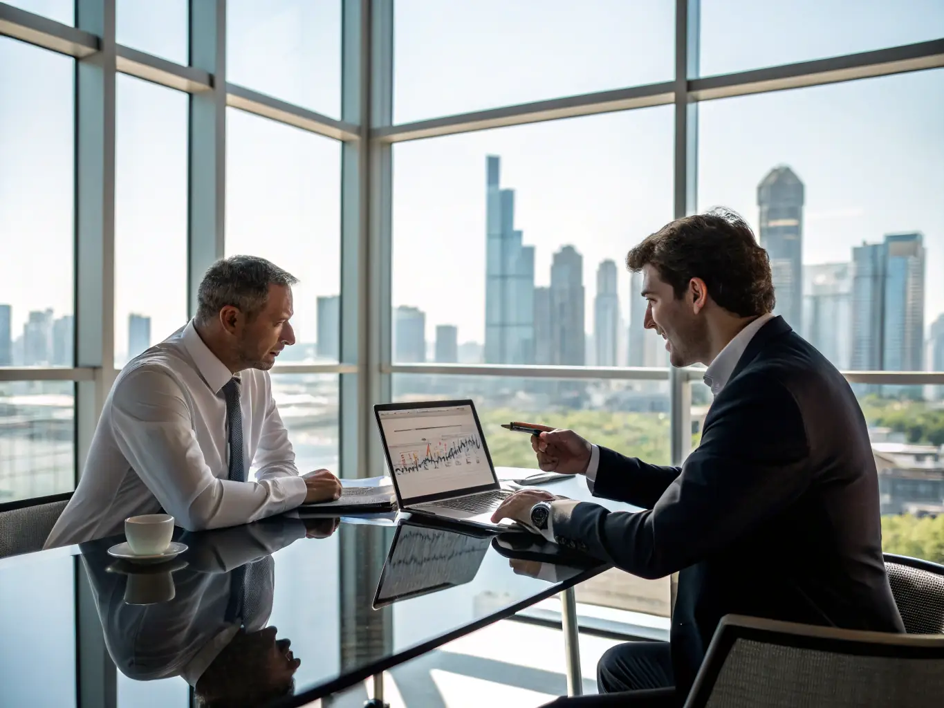 An image showing a financial advisor explaining mutual fund options to a client with charts and graphs, representing mutual funds planning services.