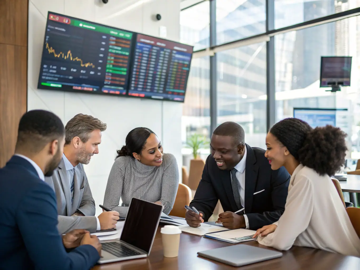 An image depicting a diverse group of Indian investors discussing investment strategies in a modern office setting, with charts and graphs in the background.