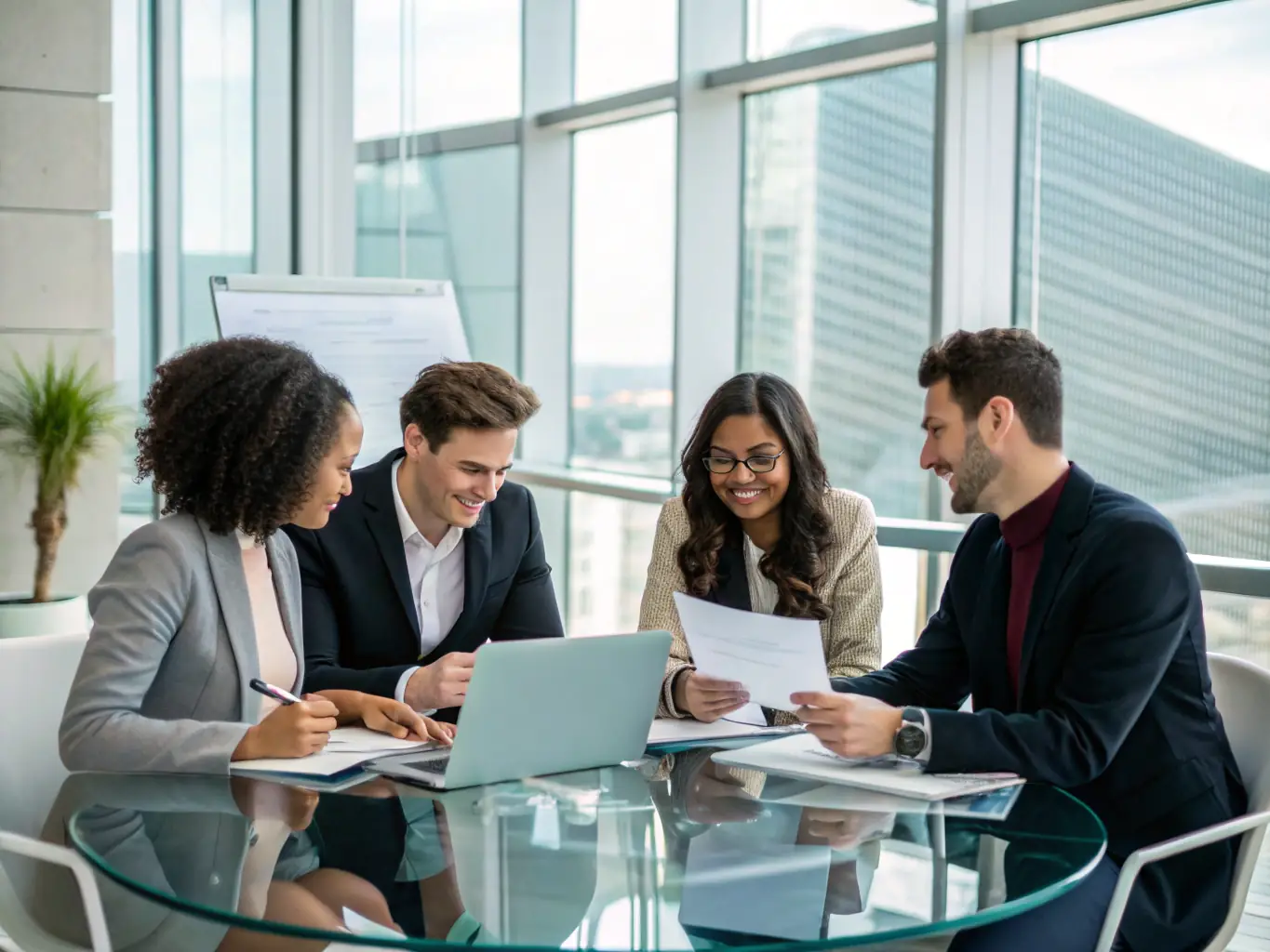 A modern office setting with diverse team members collaborating on financial strategies, symbolizing comprehensive financial planning.