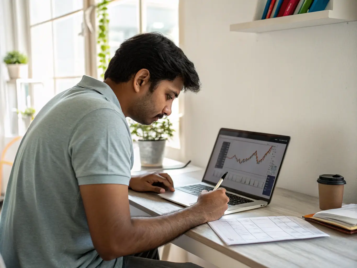 An image of a financial advisor analyzing stock charts on a computer screen with Indian market data, representing stock investment advisory services.